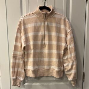 Aerie Beige and White Striped Half Zip Sweater